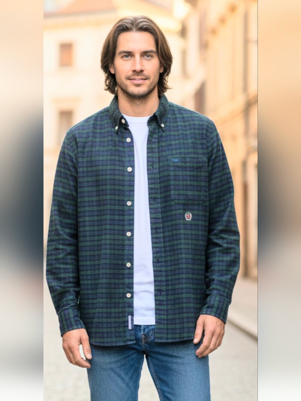 Tommy Hilfiger Men's Green & Navy Plaid Button-Up Shirt Size Large